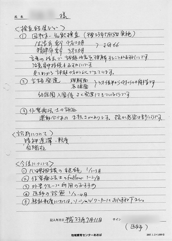 画像:自閉症Oくんの平成23年5月18日の田中ビネー知能検査の結果 - 知能指数(IQ)66